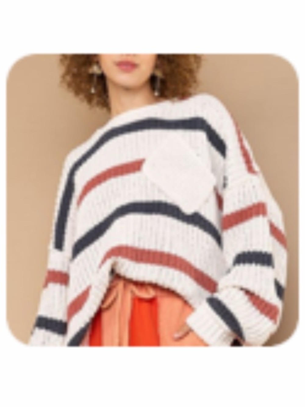 POL Chunky Striped Crew Sweater in Cream, Black & Brown - Picture 1 of 7